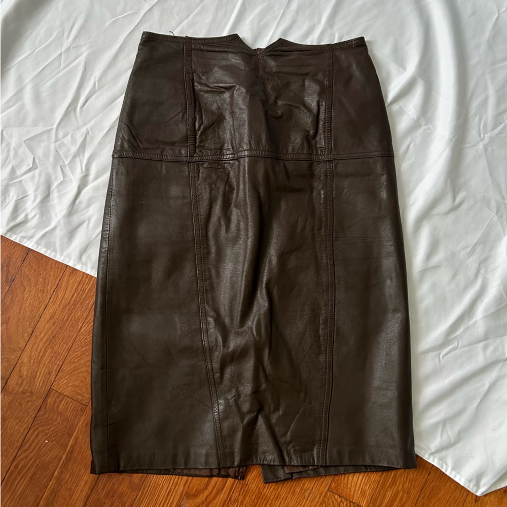 Vintage Notch Front Brown leather Midi Skirt